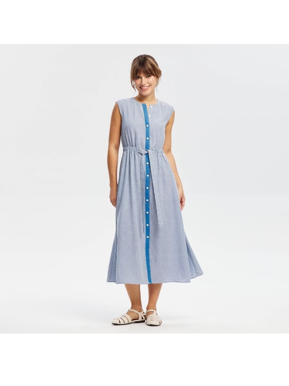 Universal Thread Light Blue Striped Button-Front Tie-Waist Midi Dress